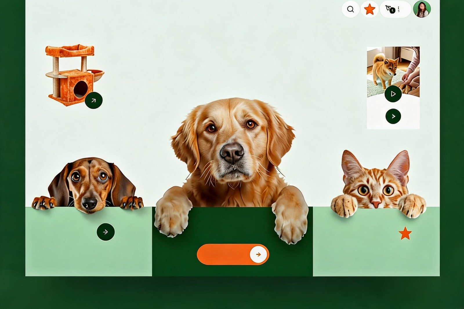Happy golden retriever, dachshund puppy and ginger cat with QBS SUP product cards on mint background